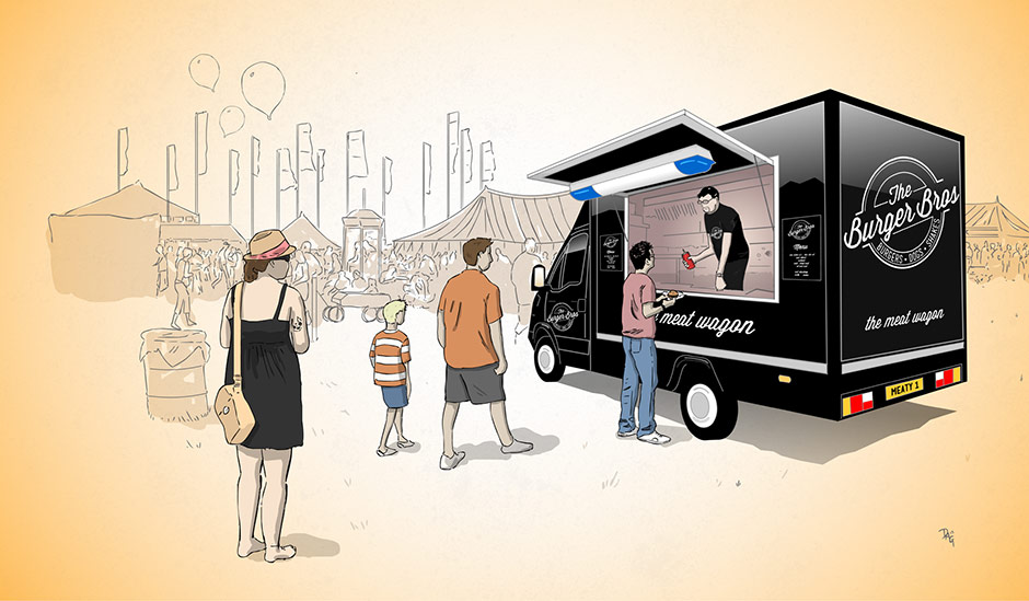 Illustration of a prison van that has been converted into a burger van.